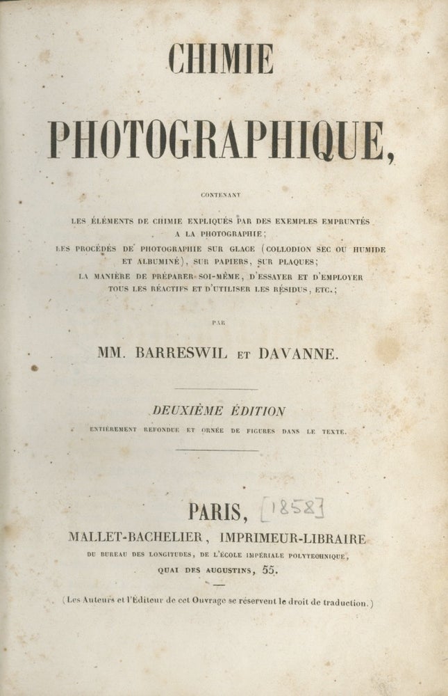 Item #26858 Chimie photographique:. et Davanne Barreswil, Charles Louis, Alphonse.