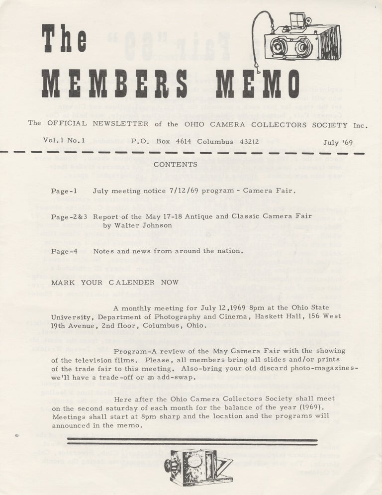 Item #31012 THE MEMBERS MEMO: THE OFFICIAL NEWSLETTER OF THE OHIO CAMERA COLLECTORS SOCIETY