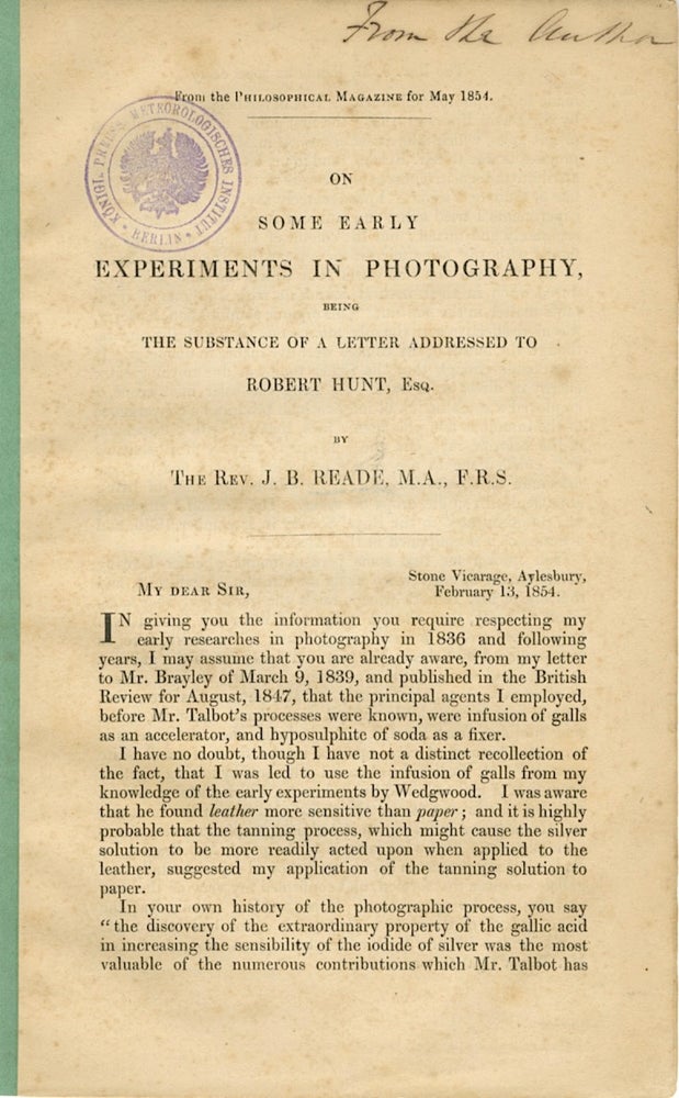 Item #53138 ON SOME EARLY EXPERIMENTS IN PHOTOGRAPHY:. TALBOT, J. B. Reade, The Rev, Joseph, Bancroft.