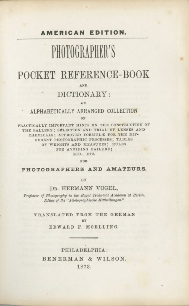 Item #53241 PHOTOGRAPHER'S POCKET REFERENCE-BOOK AND DICTIONARY:. Hermann Vogel, Dr.