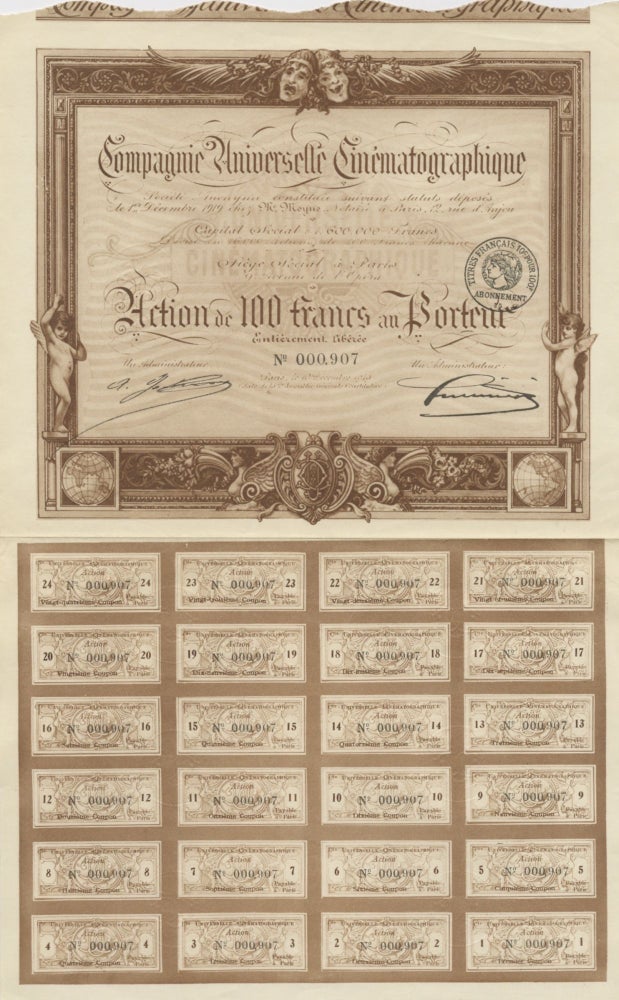Item #54420 ARCHIVE OF 20 STOCK CERTIFICATES FOR FRENCH, BELGIAN AND DUTCH CINEMATIC COMPANIES. CINEMA.