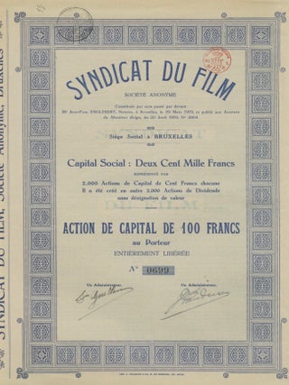 ARCHIVE OF 20 STOCK CERTIFICATES FOR FRENCH, BELGIAN AND DUTCH CINEMATIC COMPANIES.